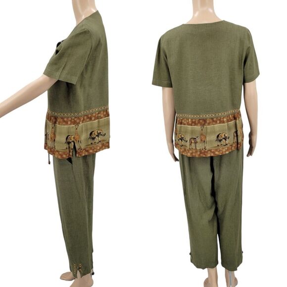 Stonebridge Vintage Green Linen Animal Print Safari Matching Set Blouse Trousers - Picture 4 of 15